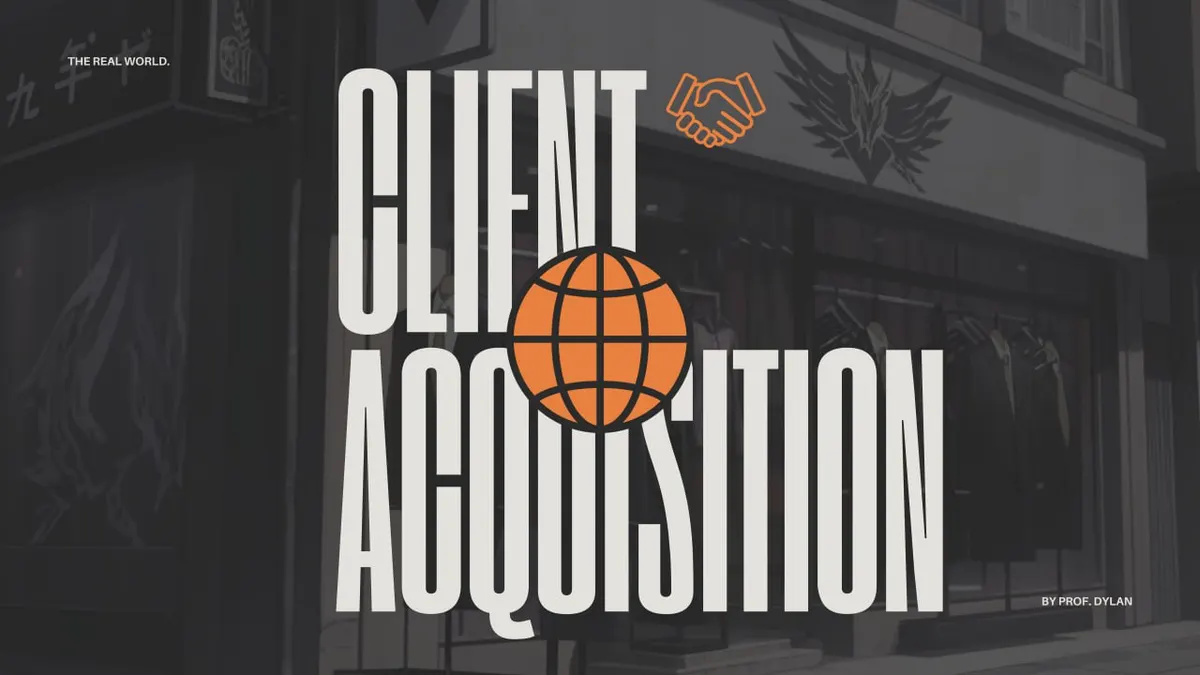 The Real World Client Acquisition campus banner with an orange globe over a dark street scene