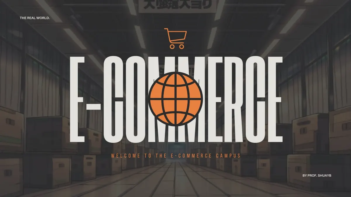 Official The Real World Ecommerce campus banner with an orange globe over an illustrated warehouse aisle of boxes