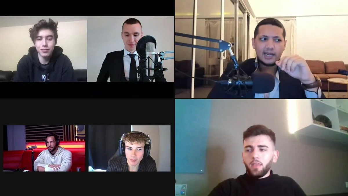 Stills from four of The Real World's student interview videos: Ryan and Saad with an interviewer, Seth with Tristan Tate, and Ardi