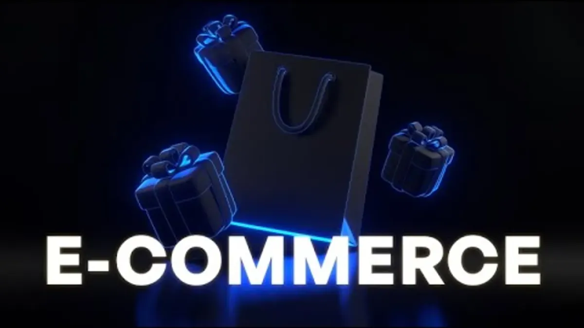 The Real World E-commerce campus title card with a shopping bag and gift boxes