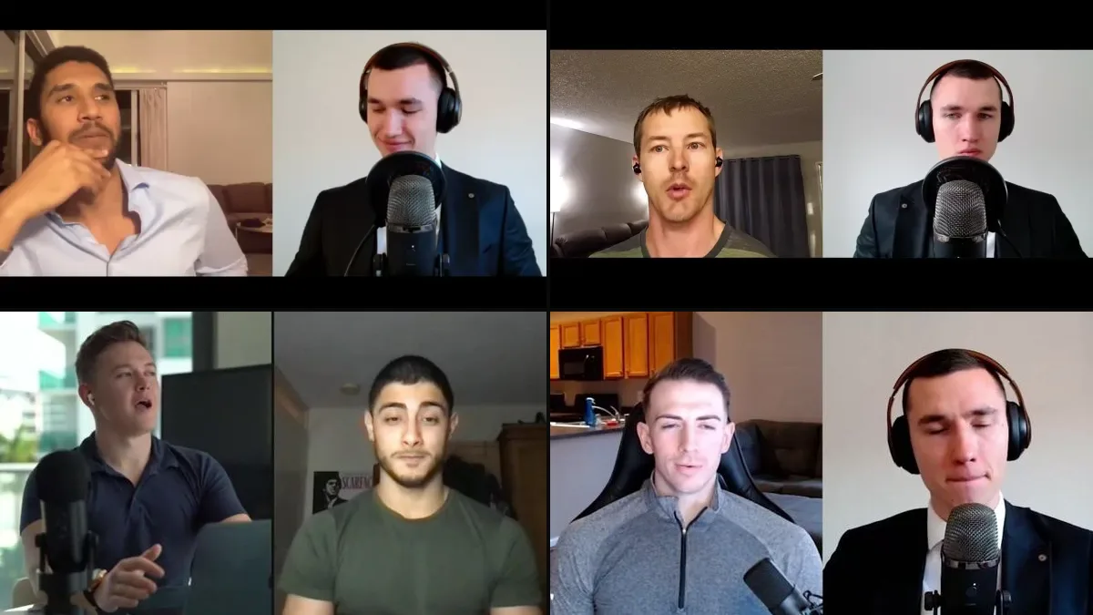 Stills from four of The Real World's student interview videos, with Federico, Austin, Burak and Dan, each on a video call with an interviewer