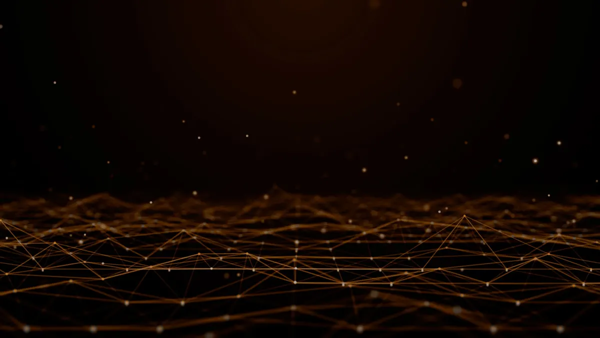 Glowing orange network mesh across the bottom of a dark background
