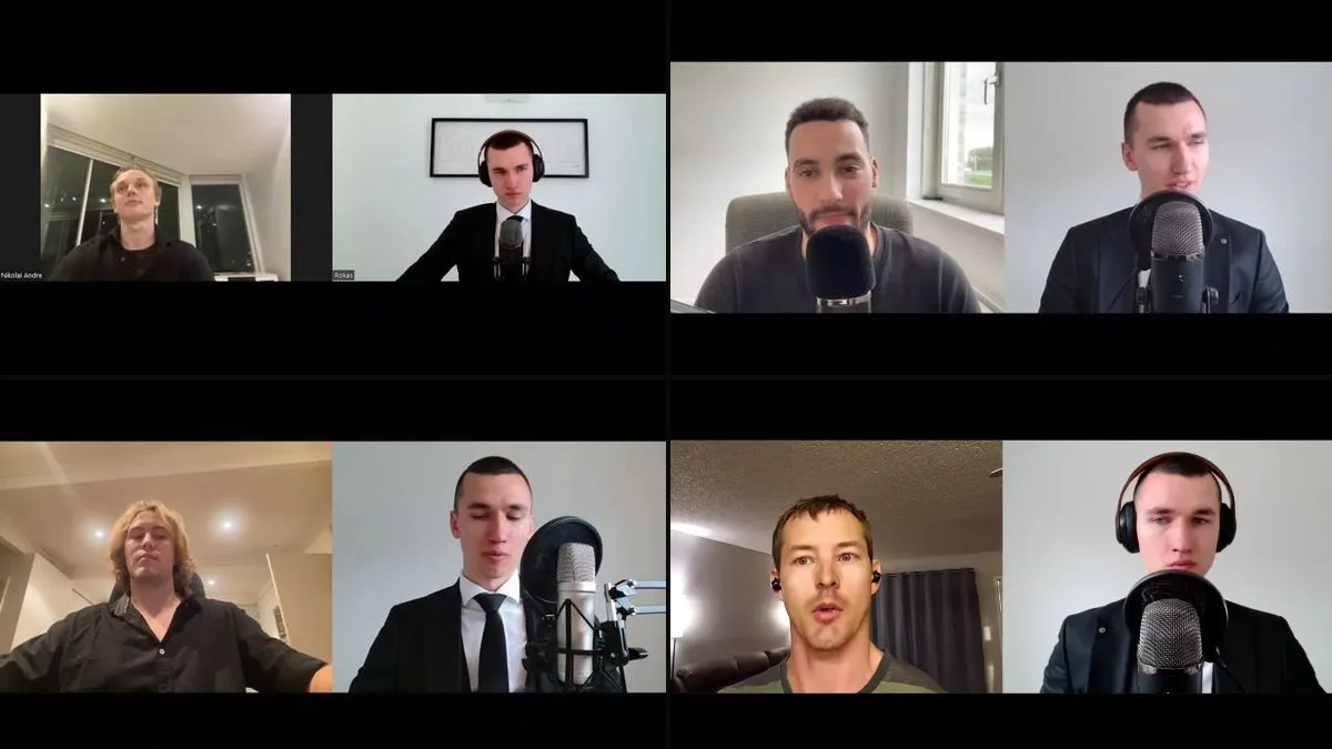 Stills from four of The Real World's student interview videos, with Nikolai, Ramy, Brice and Austin, each on a video call with an interviewer