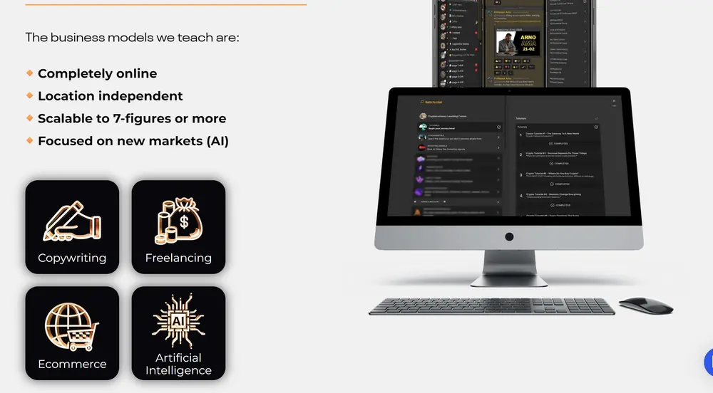 Official The Real World section “The business models we teach”, with Copywriting, Freelancing, Ecommerce and AI tiles