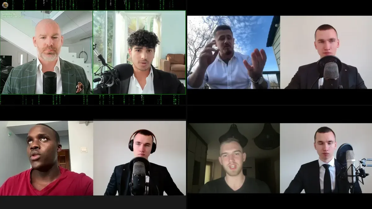 Stills from four of The Real World's student interview videos, with Belmin, Jordan, Ted and Paul, each on a video call with an interviewer
