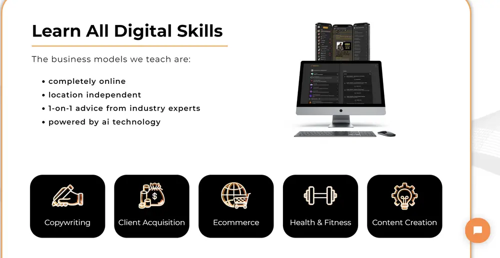 The Real World official website section “Learn All Digital Skills”, with campus tiles such as Copywriting beside an iMac