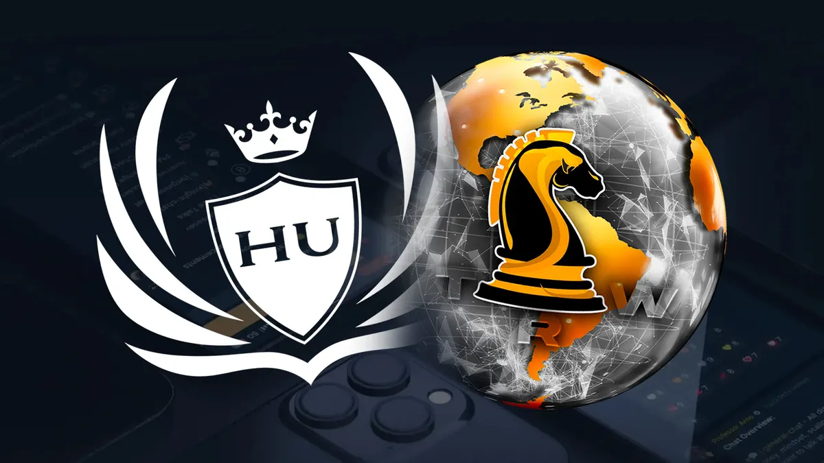 The white Hustlers University crest beside The Real World knight globe logo on a dark background
