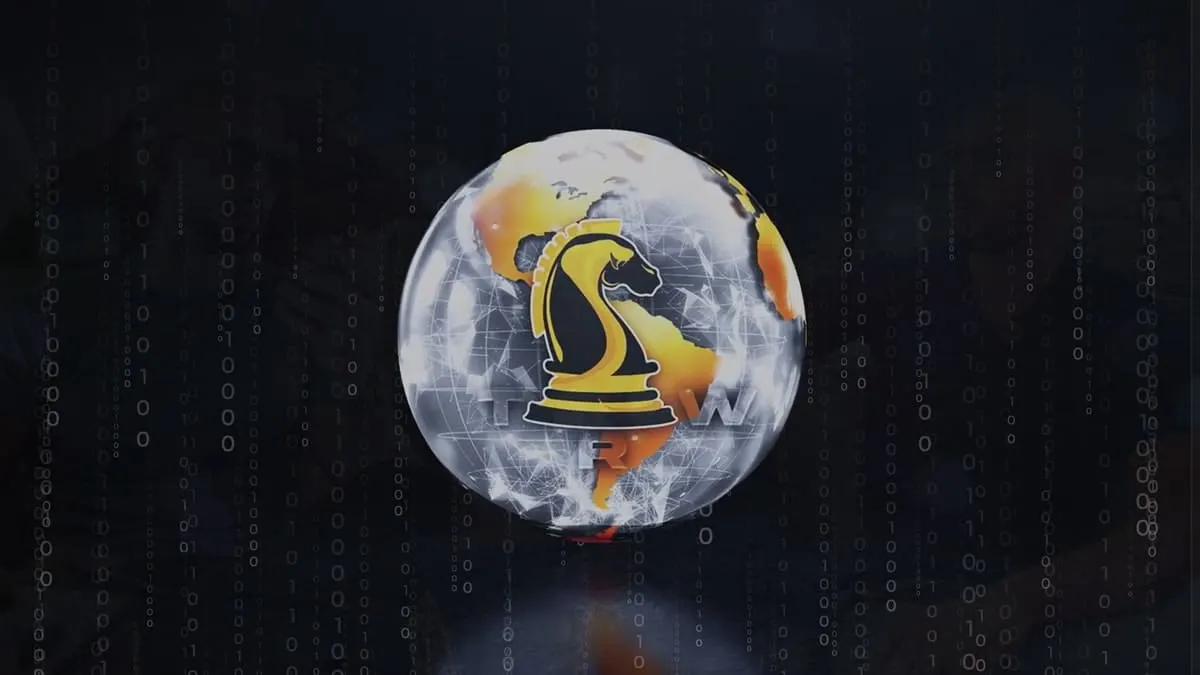 The Real World's gold knight and globe logo over dark falling binary code