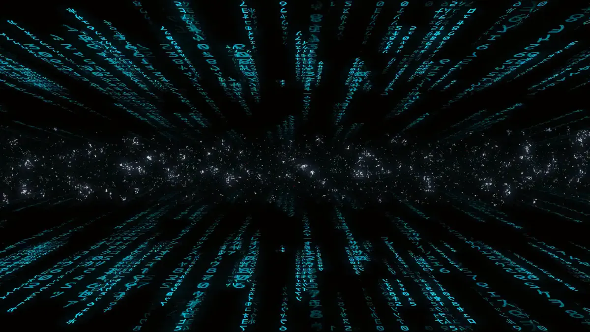 Cyan matrix-style code streaking toward a vanishing point on a black background