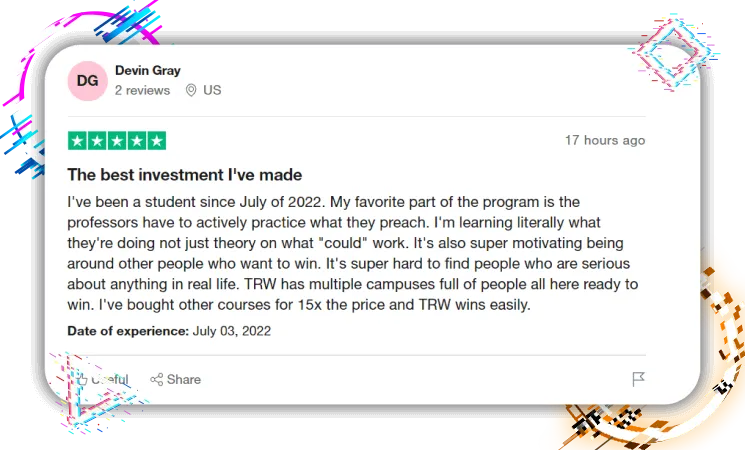 A five-star review card from The Real World’s own reviews, where a member since July 2022 praises professors and community