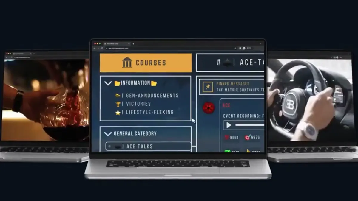 Three laptops on a dark background, the middle one showing The Real World's Courses panel and chat channels