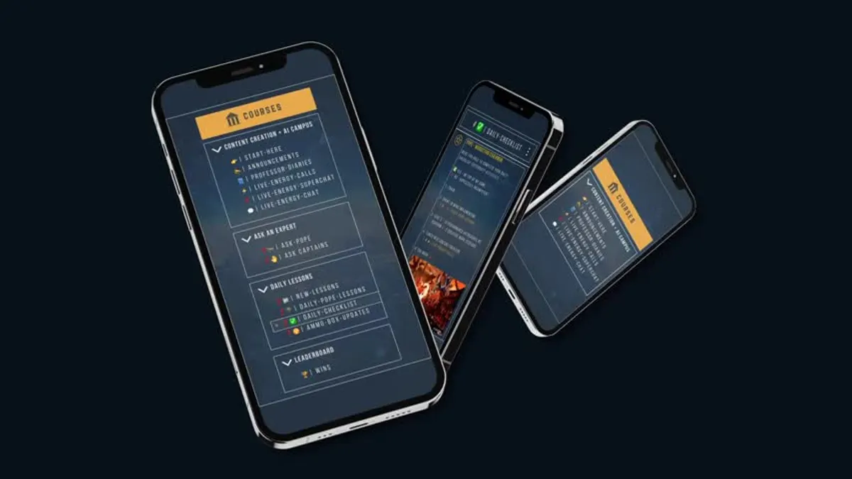 Three phones showing The Real World app's Content Creation + AI course list and daily checklist on a dark background