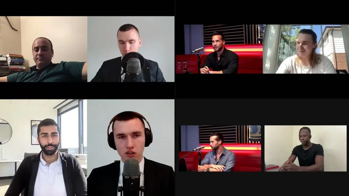 Stills from four of The Real World's copywriting student interviews: Veteran G and Shahraja with an interviewer, Ronan and Earl with Tristan Tate