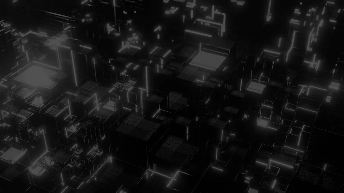 Dark 3D blocks with glowing white edges, seen from above like a city grid
