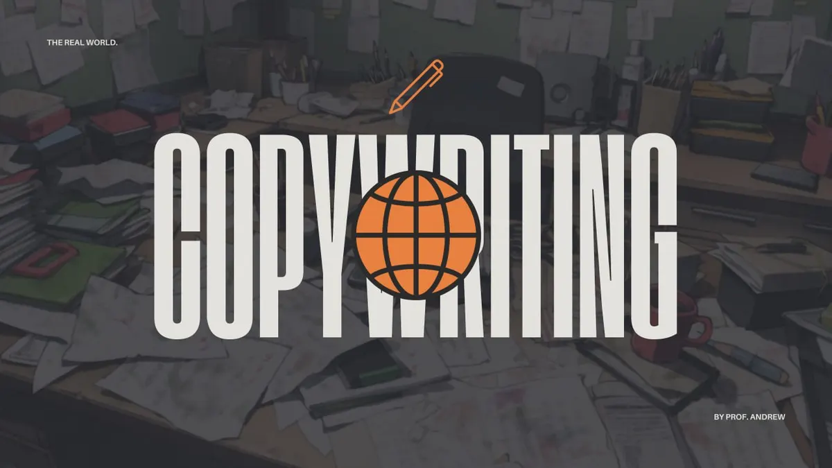 Official The Real World Copywriting campus banner with an orange globe over an illustrated desk covered in papers