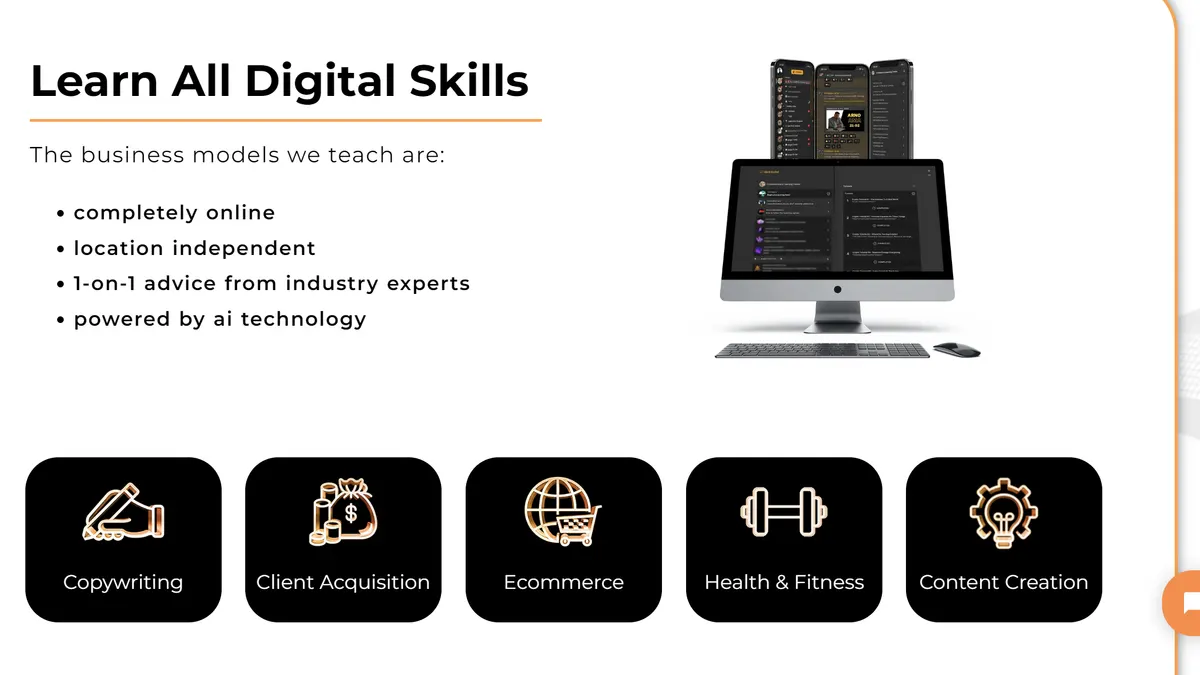 Official The Real World section titled Learn All Digital Skills, with Copywriting, Client Acquisition, Ecommerce, Health and Fitness and Content Creation tiles beside an iMac