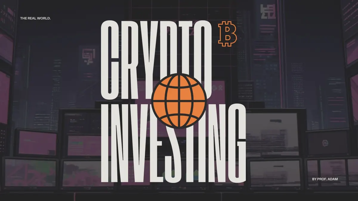 Official The Real World campus banner reading Crypto Investing, with an orange globe logo over an illustrated city at night