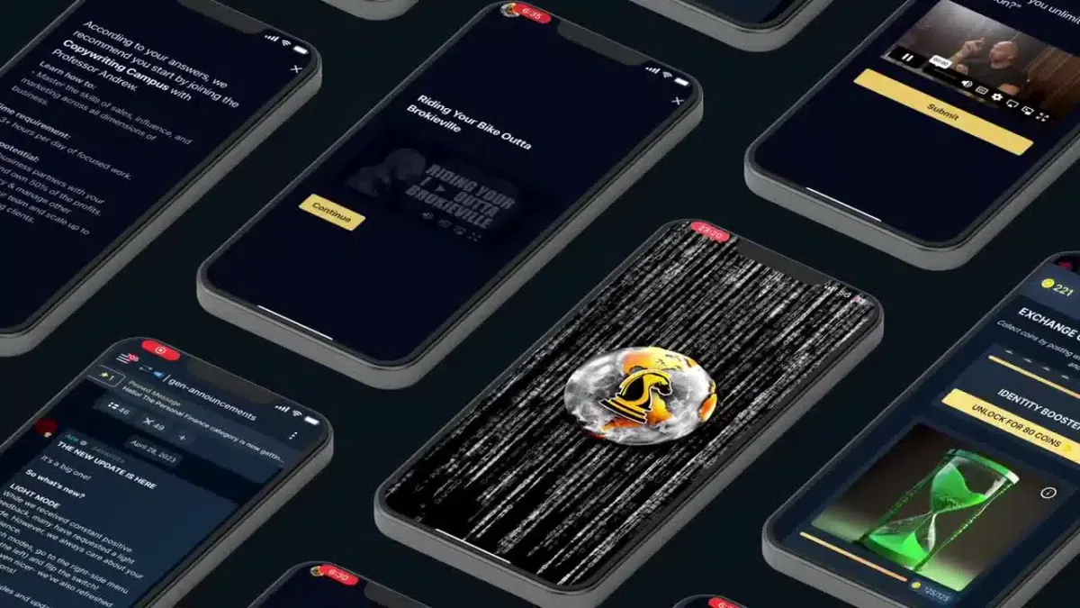 The Real World app open on a row of phones, showing campus lessons and chats