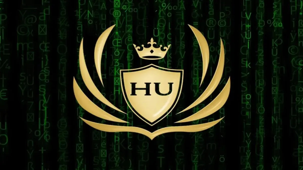 Gold Hustlers University crest on a black background with green matrix code, the branding used before The Real World