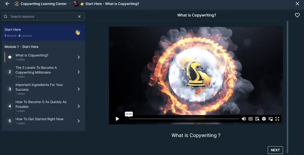A lesson screen in The Real World app from the Copywriting campus, now Strategic Marketing, showing the Start Here module