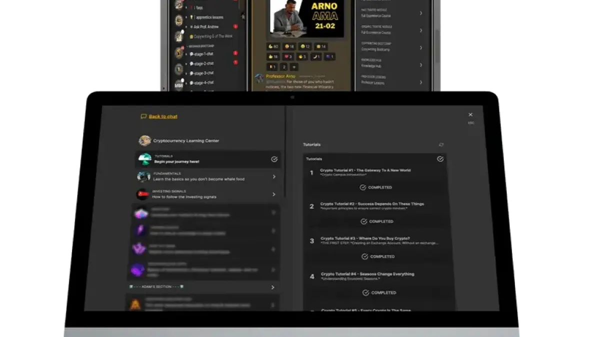 Official mockup of The Real World app on a desktop screen and three phones, showing a course list and chat channels