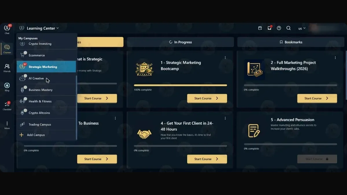 The My Campuses list in The Real World app's Learning Center, showing Crypto Investing, Ecommerce, Strategic Marketing, AI Creative, Business Mastery, Health & Fitness, Crypto Altcoins, Trading Campus and Add Campus
