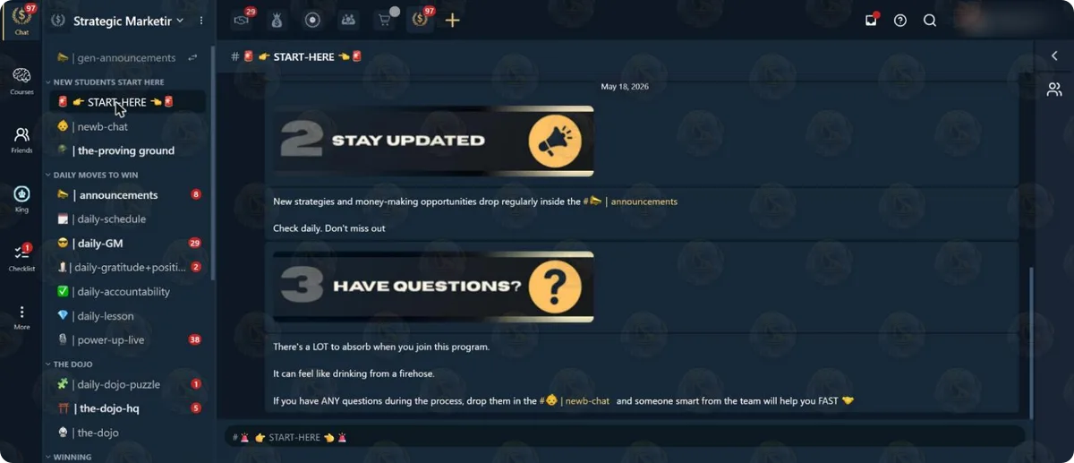 The START-HERE channel of the Strategic Marketing campus in The Real World app: “Stay updated” (new strategies “drop regularly inside the announcements”) and “Have questions?” (drop them in the newb-chat “and someone smart from the team will help you FAST”), beside the channel list (newb-chat, the-proving ground, announcements, daily-schedule, daily-GM, daily-accountability, daily-lesson, power-up-live, daily-dojo-puzzle, the-dojo-hq, the-dojo)