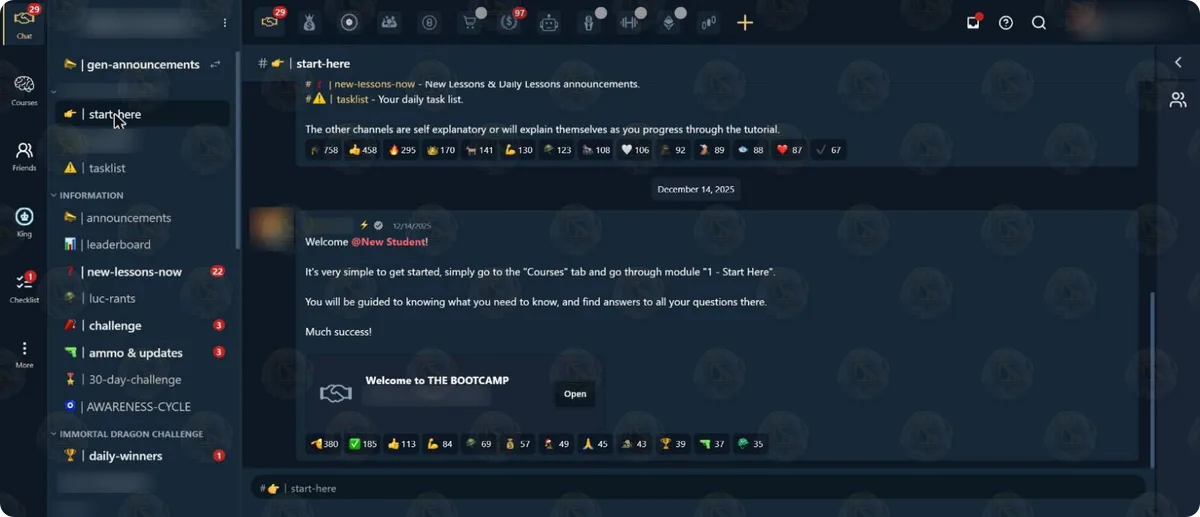 The start-here channel of the Marketing campus in The Real World app: a staff post (name blurred): “It’s very simple to get started, simply go to the "Courses" tab and go through module "1 - Start Here"”, with the card “Welcome to THE BOOTCAMP”, beside the channel list (tasklist, announcements, leaderboard, new-lessons-now, challenge, ammo & updates, 30-day-challenge, AWARENESS-CYCLE, daily-winners). Some names blurred.