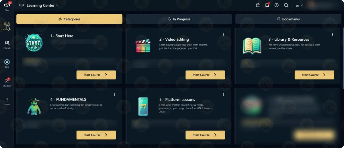 The Marketing Learning Center: 1 - Start Here, 2 - Video Editing (“Learn how to create viral short-form content”), 3 - Library & Resources, 4 - FUNDAMENTALS (“the fundamentals of social media & virality”) and 5 - Platform Lessons (what matters on each social media platform). A sixth course card and the progress bars are blurred.