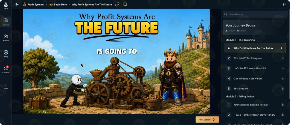 The first Profit Systems lesson, “Why Profit Systems Are The Future”, in the course Your Journey Begins (2 modules, 10 lessons): Module 1 - The Beginning (Why Profit Systems Are The Future, This is NOT for Everyone, Let’s See If You’re a Good Fit, Our Winning Core Values, Best Student) and Module 2 - Taking Action (Your Morning Routine Forever, How a Humble Person Stays Hungry and more), the later ones locked