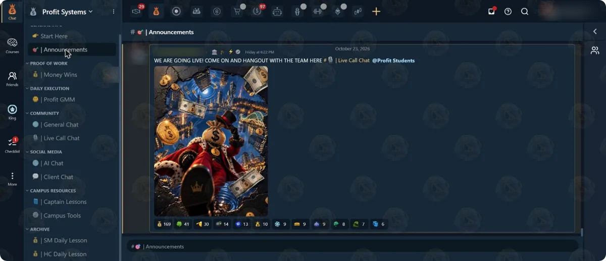 The Announcements channel of the Profit Systems campus: a staff post (name blurred) dated 23 October 2026, “WE ARE GOING LIVE! COME ON AND HANGOUT WITH THE TEAM HERE” in Live Call Chat, with an illustration