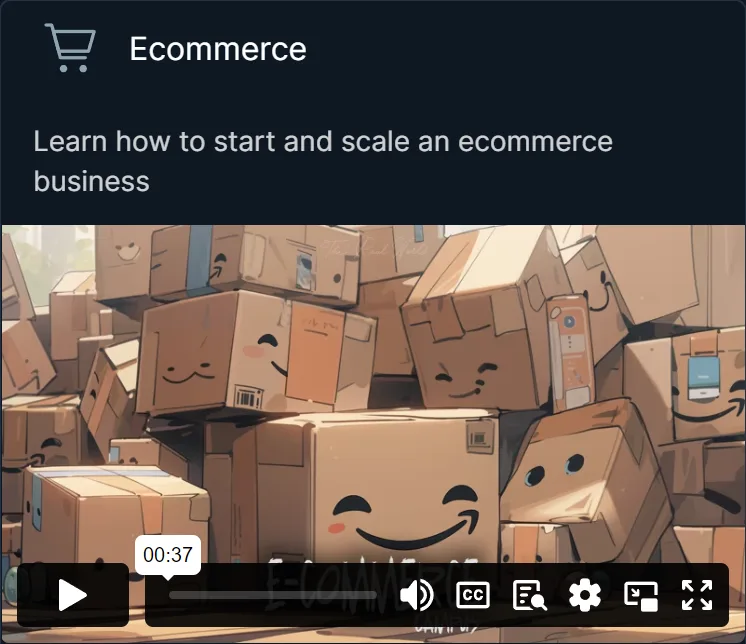 The Ecommerce card on The Real World’s Choose a Campus screen: “Learn how to start and scale an ecommerce business”, with an intro video of smiling cardboard boxes