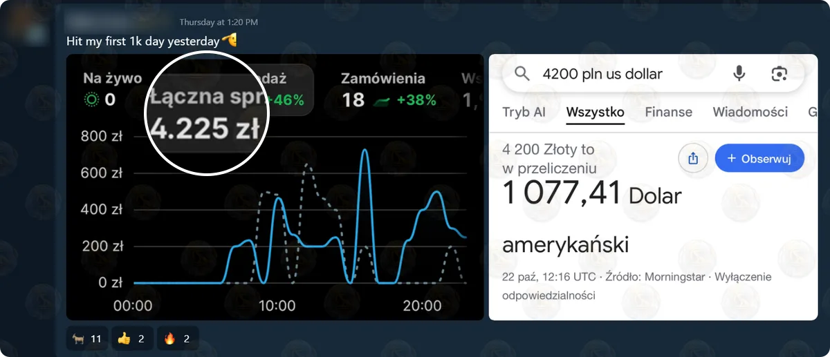 A member’s post in the Ecommerce wins chat, name and avatar blurred: Shopify in Polish showing total sales of 4,225 zł and 18 orders for the day, beside a Google conversion of 4,200 zł to $1,077.41