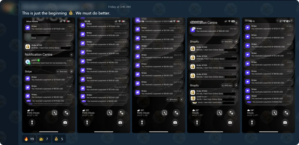 A moderator’s post in the Ecommerce wins chat, name and avatar blurred, with five phone lock screens full of Stripe payment and Shopify order notifications, from $9.99 to $184.80 each