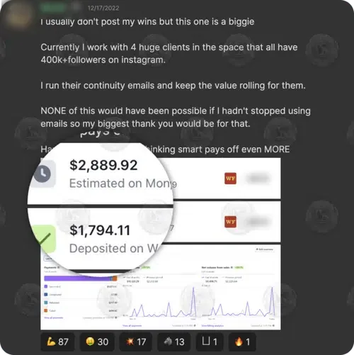 Bank app: $2,889.92 estimated and $1,794.11 deposited from email copywriting clients