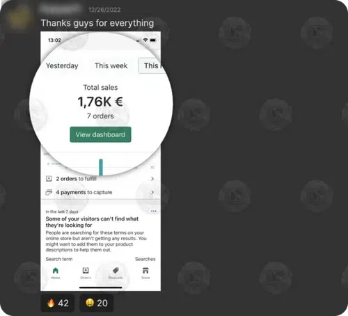 Shopify: €1.76K total sales, 7 orders
