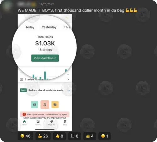Shopify: $1.03K total sales, 18 orders, a first thousand-dollar month