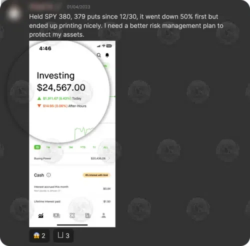 Brokerage app: $24,567.00 investing balance after an SPY options trade