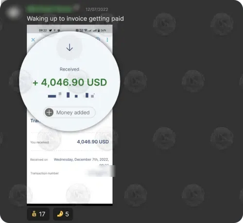 Bank app: 4,046.90 USD invoice payment received