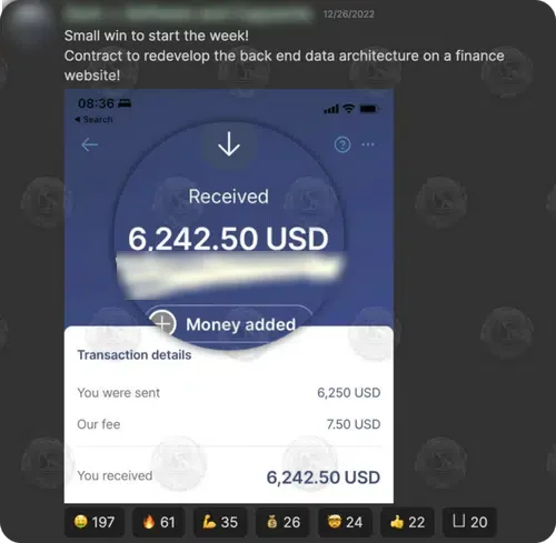 Bank app: 6,242.50 USD received for a finance website back-end contract
