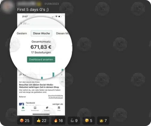 Shopify: €671.83 total sales, 17 orders in 5 days