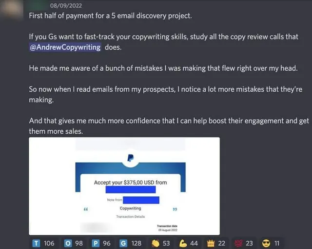 PayPal payment of $375 for a five-email copywriting project