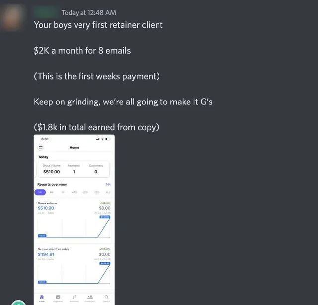 Member chat post: first copywriting retainer client at $2K a month for 8 emails, with a Stripe dashboard