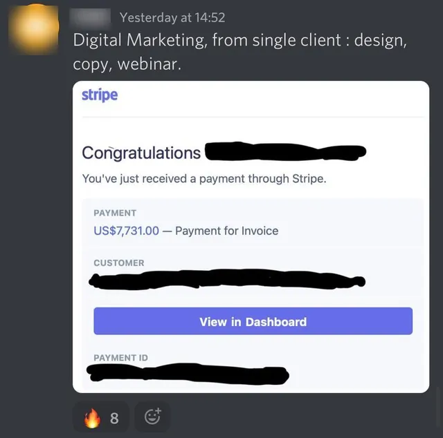Stripe email: a US$7,731 invoice payment from a digital marketing client