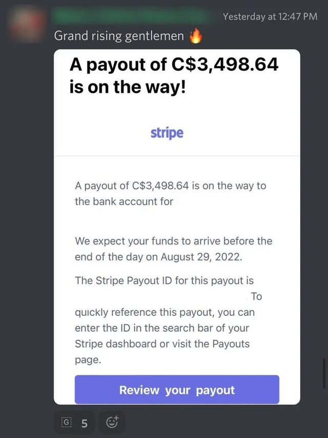 Stripe email to an online fitness coach: a payout of C$3,498.64 is on the way