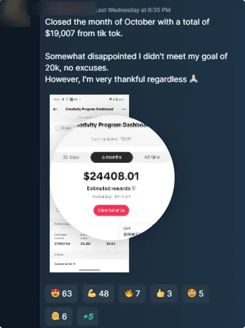 Member chat post: $19,007 from TikTok in October, with the Creativity Program dashboard